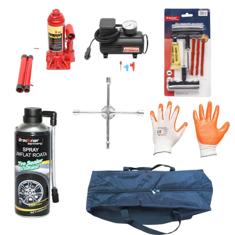 Livrare expres Kit vulcanizare complet: cric, cheie roti, compresor, spray roti, kit reparatie, manusi, geanta