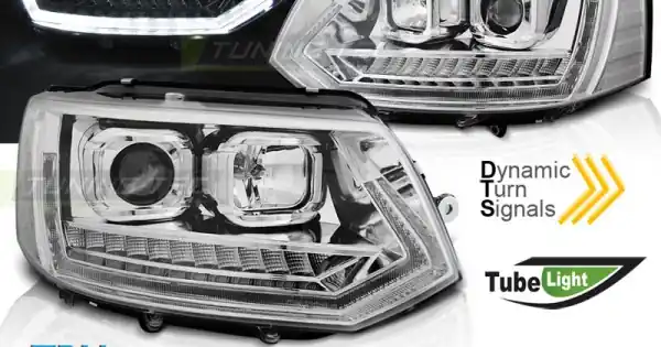Livrare rapidă Faruri cu lumina tub DRL crom SEQ compatibil cu VW T5 2010-2015
