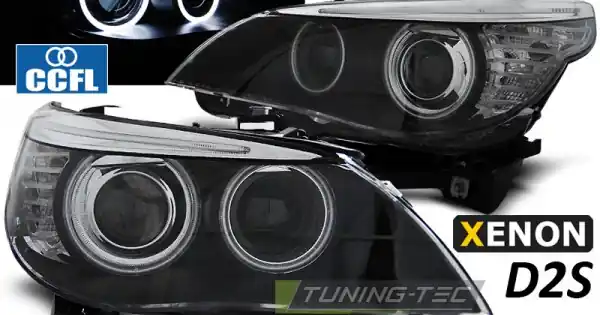 Reducere extra Faruri cu Xenon D2S cu Angel Eyes CCFL pe fundal negru compatibil cu BMW E60/E61 03-04