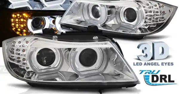 Promoție Faruri cu Xenon Angel Eyes Led DRL crom compatibil cu BMW E90/E91 09-11